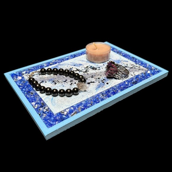 Blue Eco Resin Vanity Tray with Glass Border | Trinket Tray | Candle Tray - Picture 2 of 2